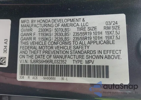 2024 Honda Cr-V Hybrid Sport Touring z USA, uszkodzony, nr VIN 5J6RS6H96RL032352